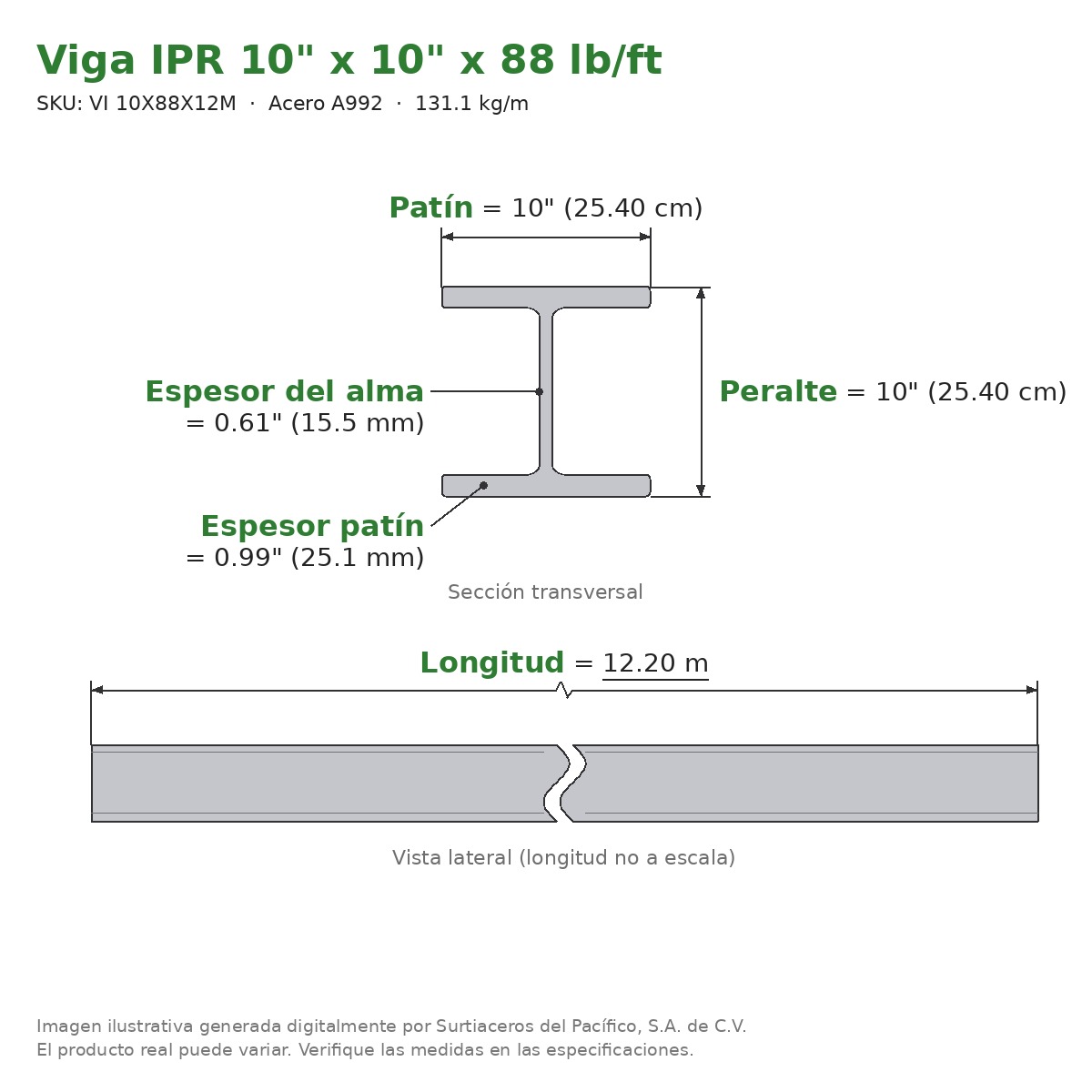 Viga IPR 10" x 10" x 88 lb/ft (131.1 kg/m) x 12.20 m - Acero A992 (patín 0.99", alma 0.61") - sección transversal