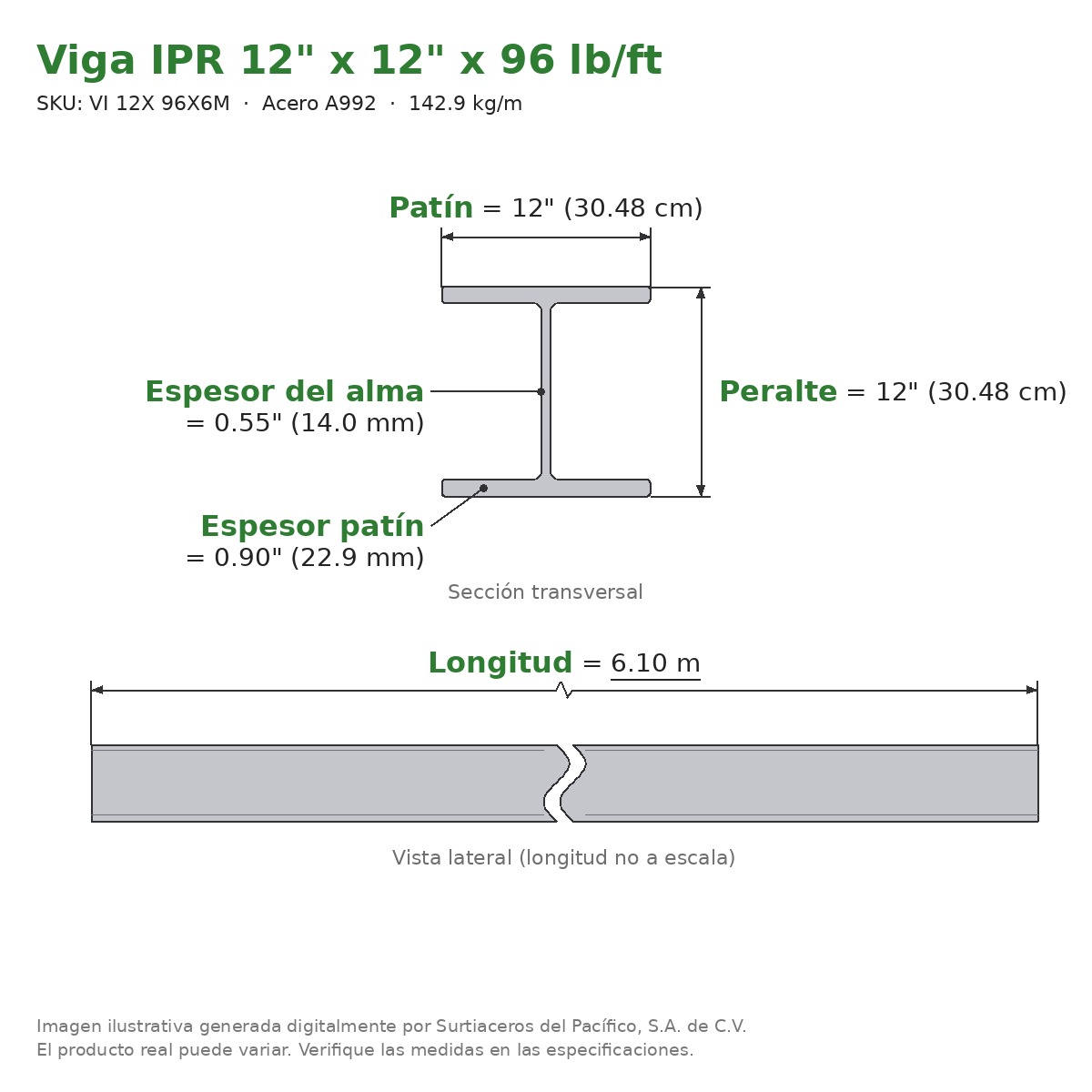 Viga IPR 12" x 12" x 96 lb/ft (142.9 kg/m) x 6.10 m - Acero A992 (patín 0.90", alma 0.55") - sección transversal