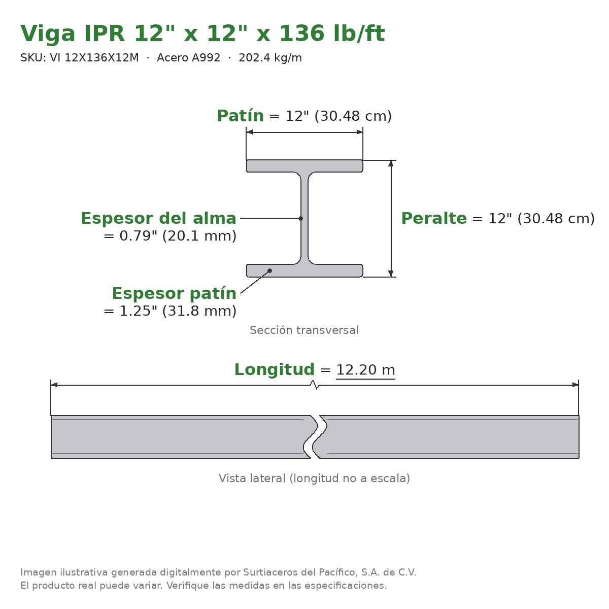 Viga IPR 12" x 12" x 136 lb/ft (202.4 kg/m) x 12.20 m - Acero A992 (patín 1.25", alma 0.79") - sección transversal