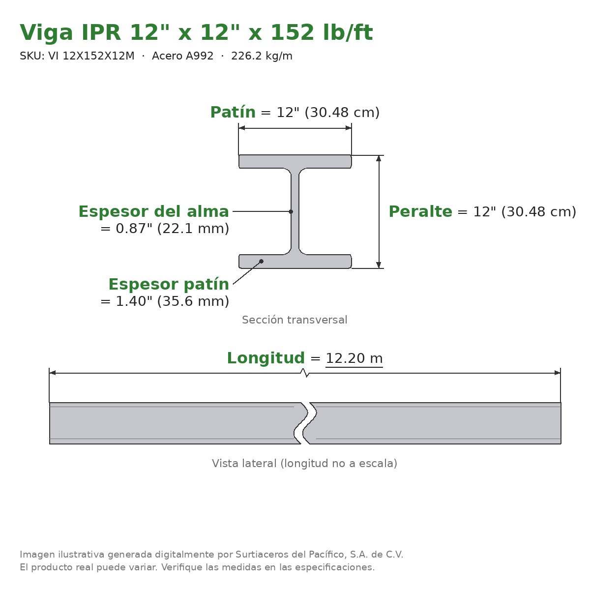 Viga IPR 12" x 12" x 152 lb/ft (226.2 kg/m) x 12.20 m - Acero A992 (patín 1.40", alma 0.87") - sección transversal