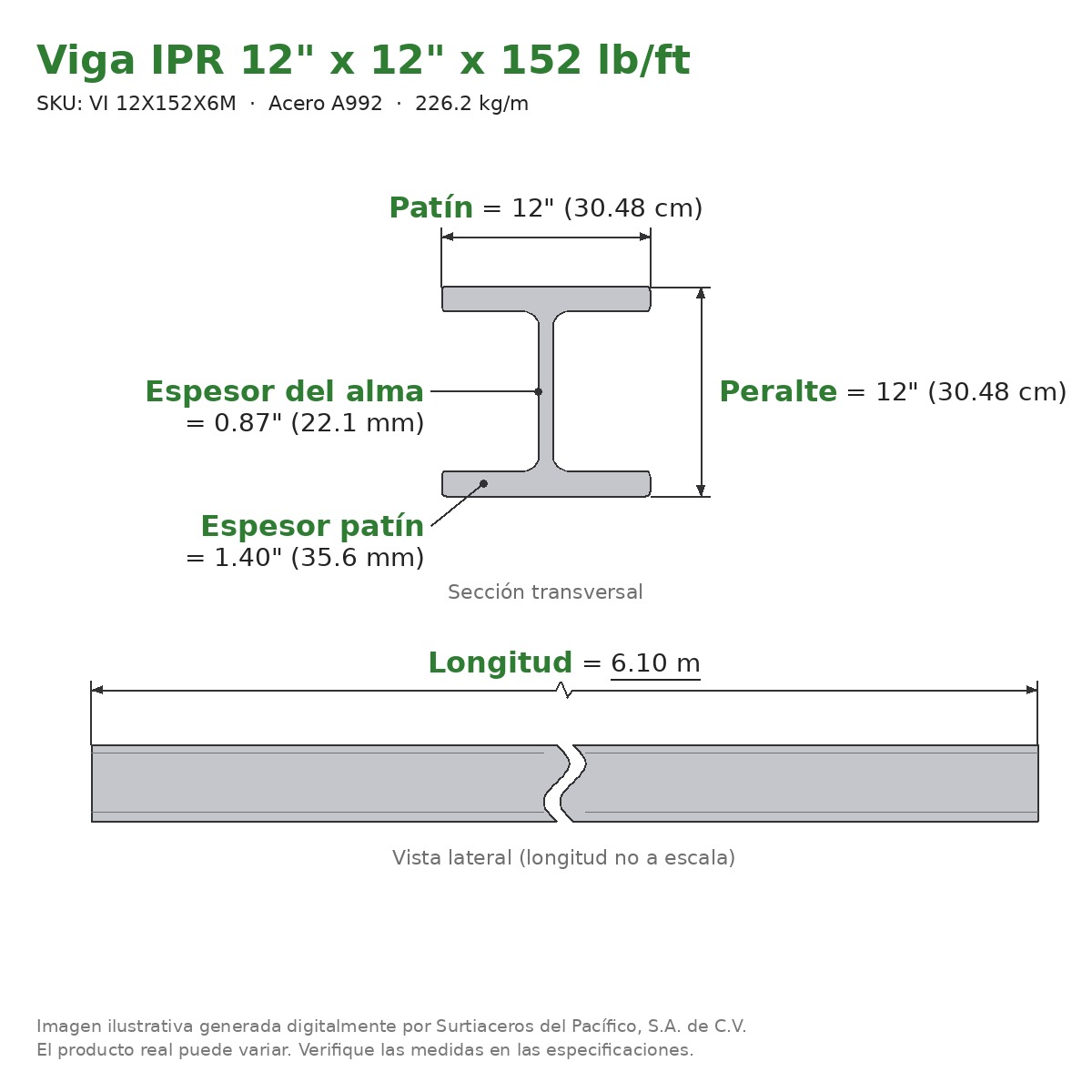 Viga IPR 12" x 12" x 152 lb/ft (226.2 kg/m) x 6.10 m - Acero A992 (patín 1.40", alma 0.87") - sección transversal