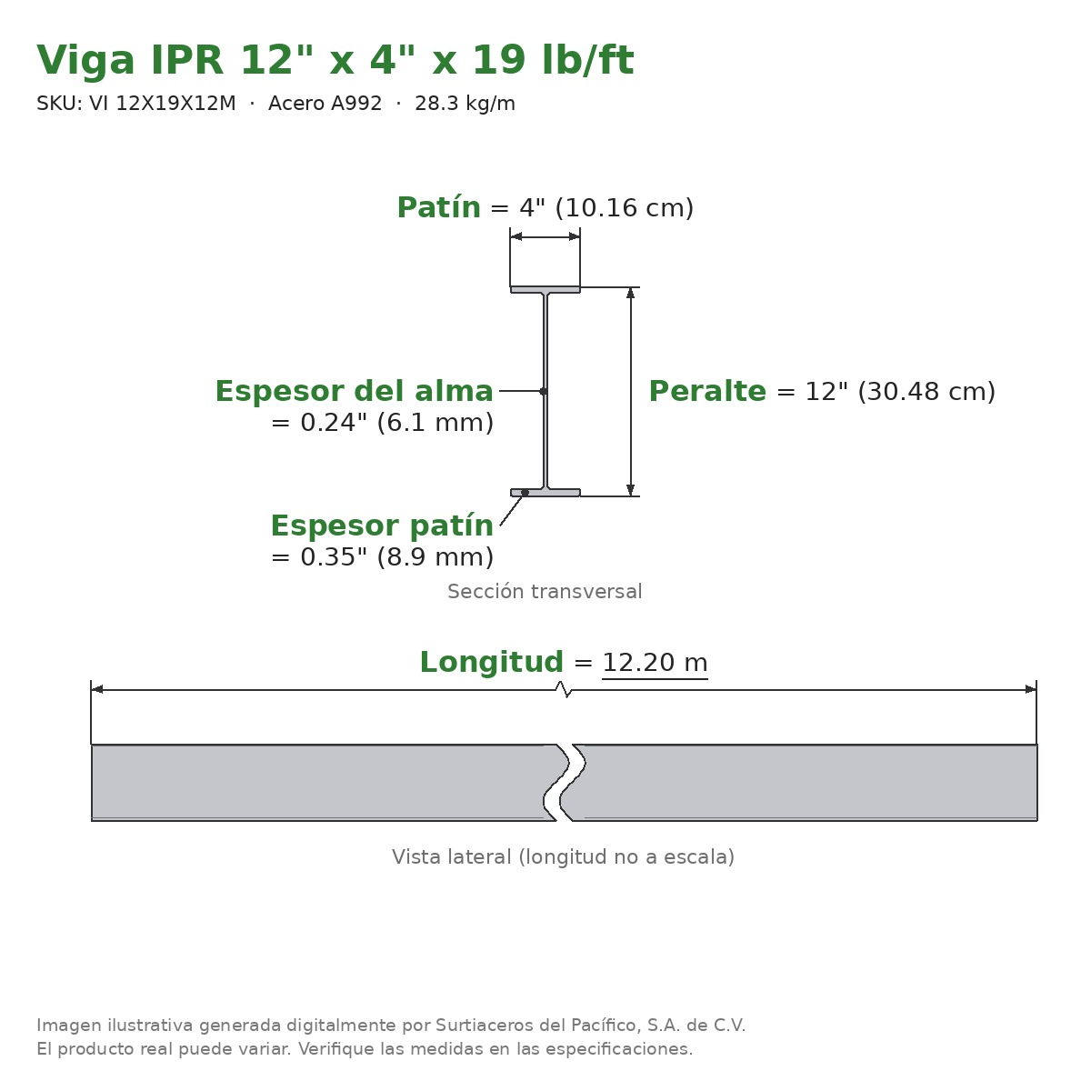 Viga IPR 12" x 4" x 19 lb/ft (28.3 kg/m) x 12.20 m - Acero A992 (patín 0.35", alma 0.24") - sección transversal