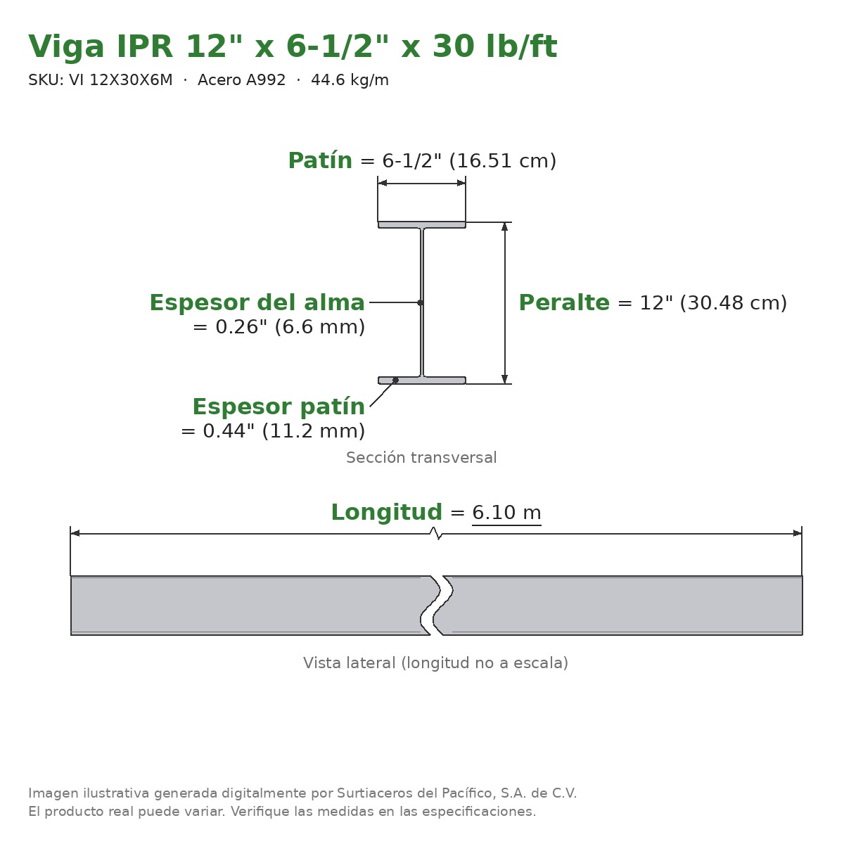 Viga IPR 12" x 6-1/2" x 30 lb/ft (44.6 kg/m) x 6.10 m - Acero A992 (patín 0.44", alma 0.26") - sección transversal