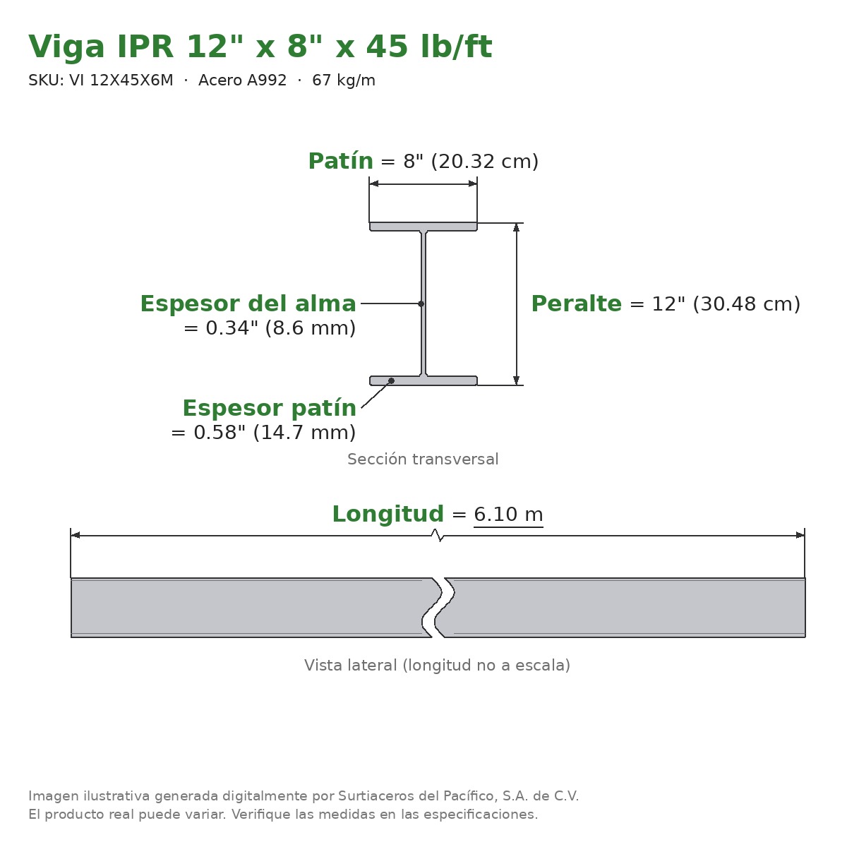 Viga IPR 12" x 8" x 45 lb/ft (67 kg/m) x 6.10 m - Acero A992 (patín 0.58", alma 0.34") - sección transversal