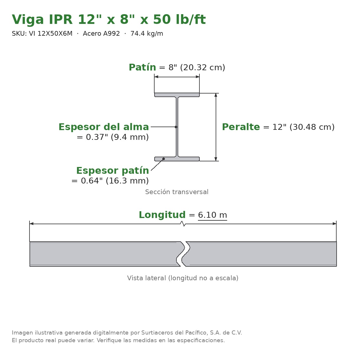 Viga IPR 12" x 8" x 50 lb/ft (74.4 kg/m) x 6.10 m - Acero A992 (patín 0.64", alma 0.37") - sección transversal