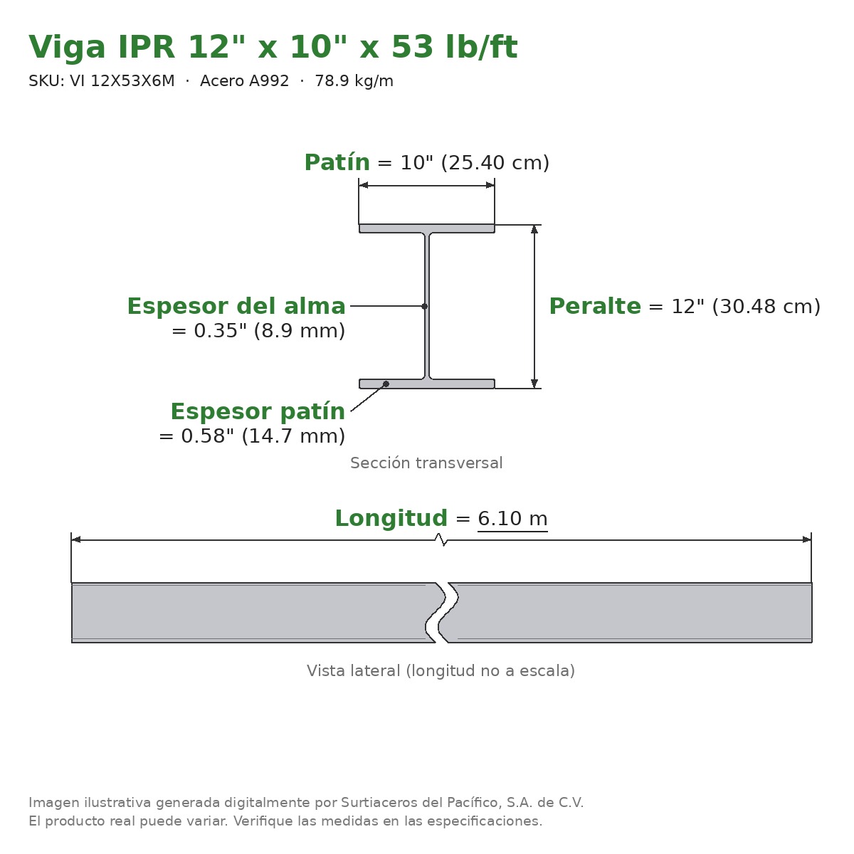 Viga IPR 12" x 10" x 53 lb/ft (78.9 kg/m) x 6.10 m - Acero A992 (patín 0.58", alma 0.35") - sección transversal