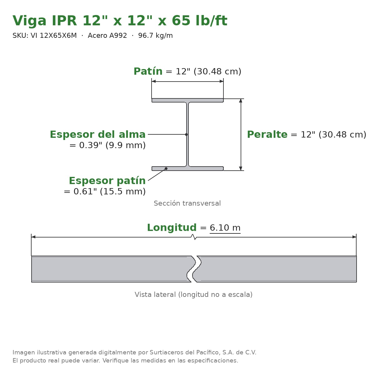 Viga IPR 12" x 12" x 65 lb/ft (96.7 kg/m) x 6.10 m - Acero A992 (patín 0.61", alma 0.39") - sección transversal