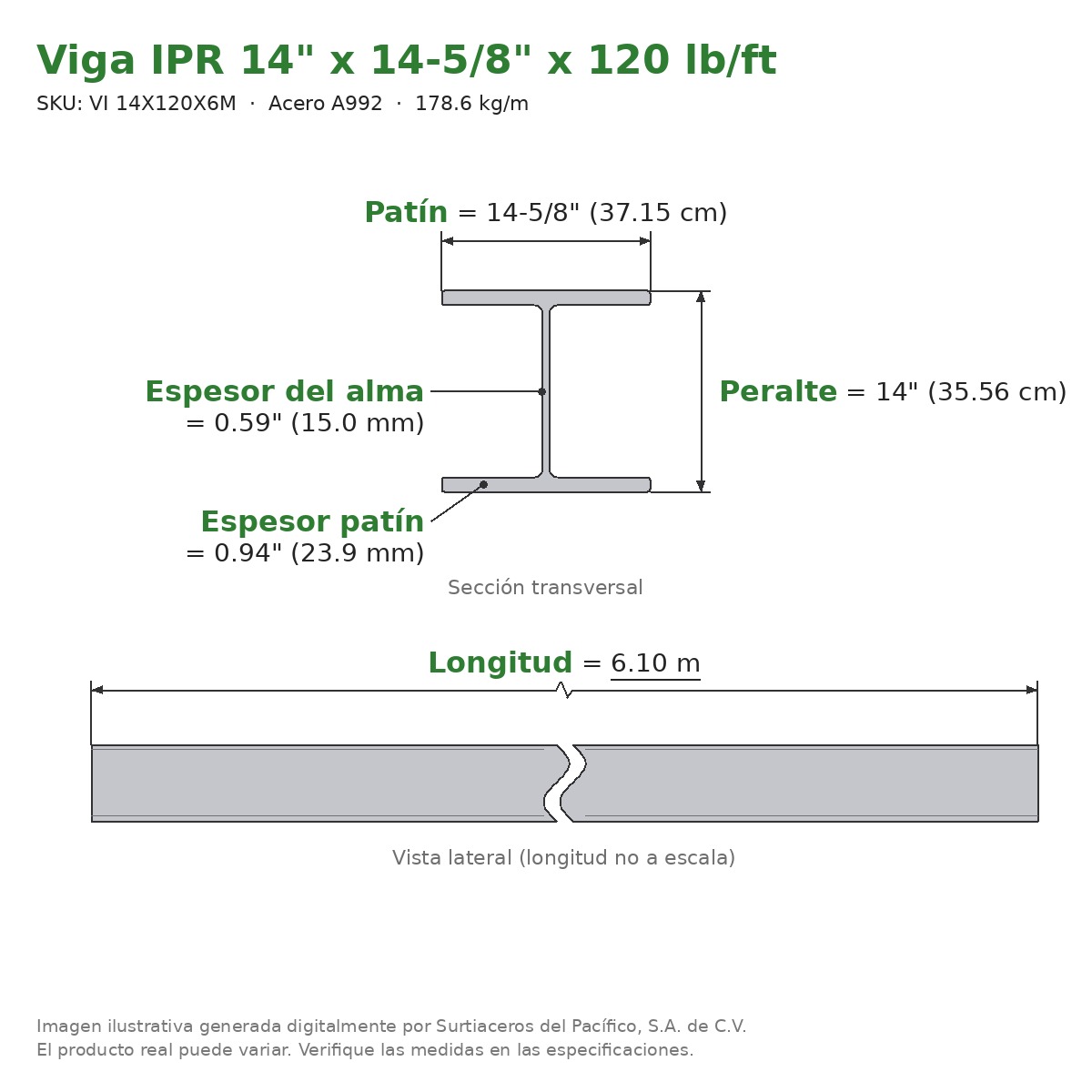 Viga IPR 14" x 14-5/8" x 120 lb/ft (178.6 kg/m) x 6.10 m - Acero A992 (patín 0.94", alma 0.59") - sección transversal