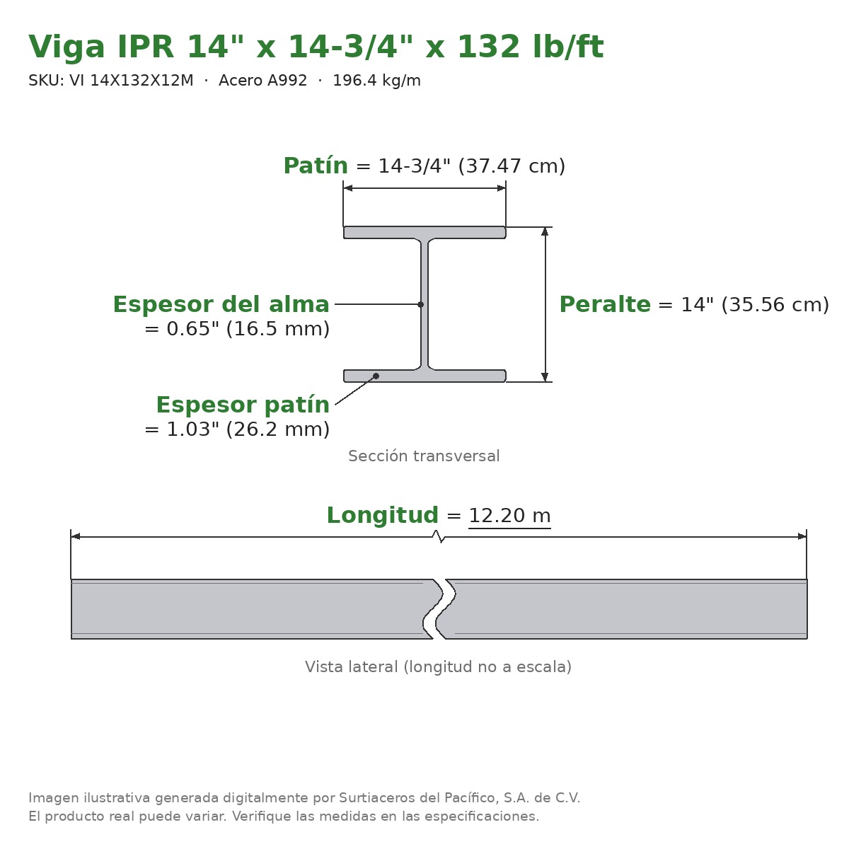 Viga IPR 14" x 14-3/4" x 132 lb/ft (196.4 kg/m) x 12.20 m - Acero A992 (patín 1.03", alma 0.65") - sección transversal