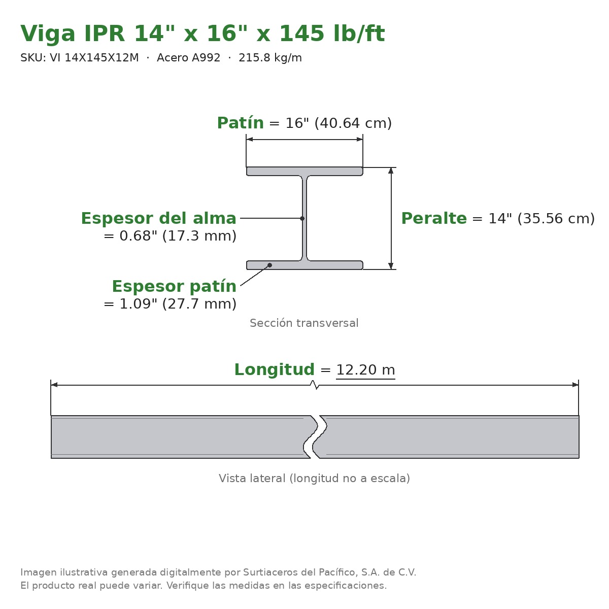 Viga IPR 14" x 16" x 145 lb/ft (215.8 kg/m) x 12.20 m - Acero A992 (patín 1.09", alma 0.68") - sección transversal