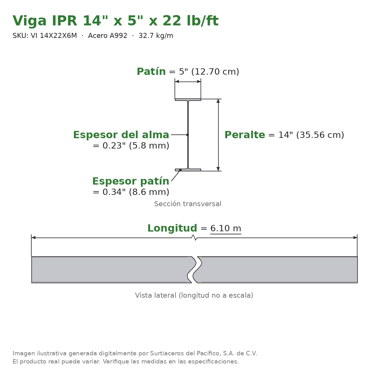 Viga IPR 14" x 5" x 22 lb/ft (32.7 kg/m) x 6.10 m - Acero A992 (patín 0.34", alma 0.23") - sección transversal