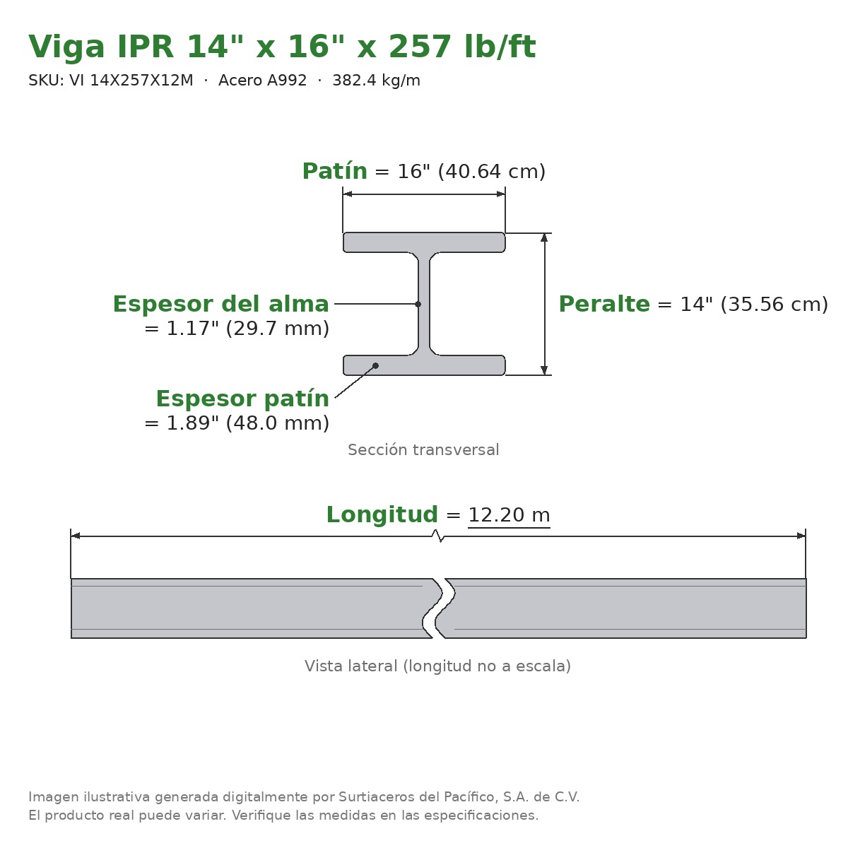 Viga IPR 14" x 16" x 257 lb/ft (382.4 kg/m) x 12.20 m - Acero A992 (patín 1.89", alma 1.17") - sección transversal