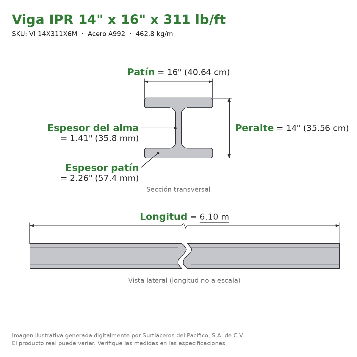 Viga IPR 14" x 16" x 311 lb/ft (462.8 kg/m) x 6.10 m - Acero A992 (patín 2.26", alma 1.41") - sección transversal