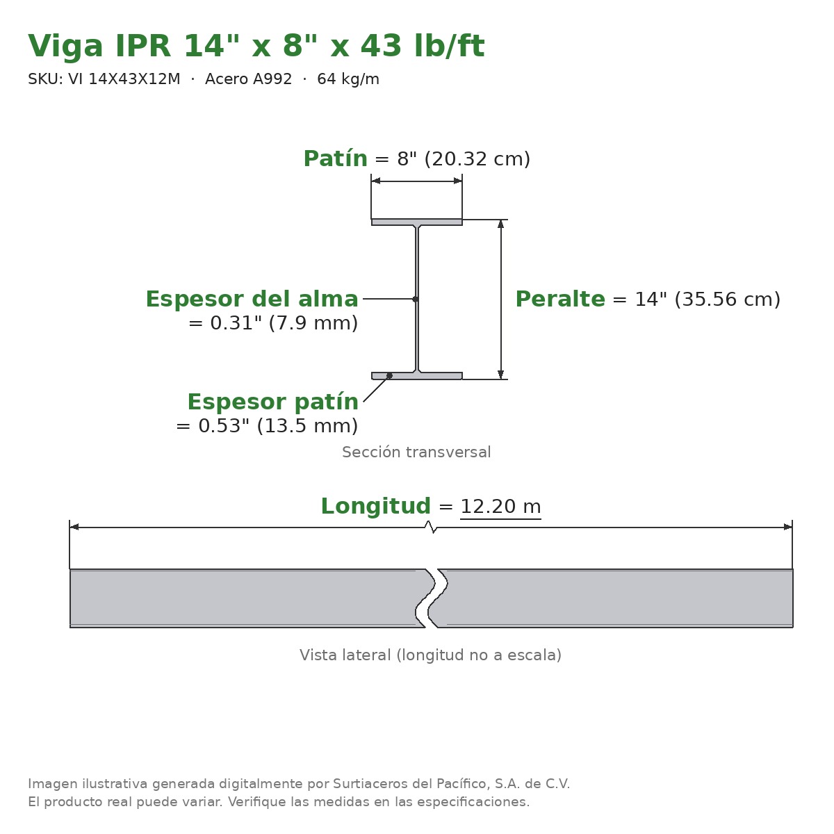 Viga IPR 14" x 8" x 43 lb/ft (64 kg/m) x 12.20 m - Acero A992 (patín 0.53", alma 0.31") - sección transversal