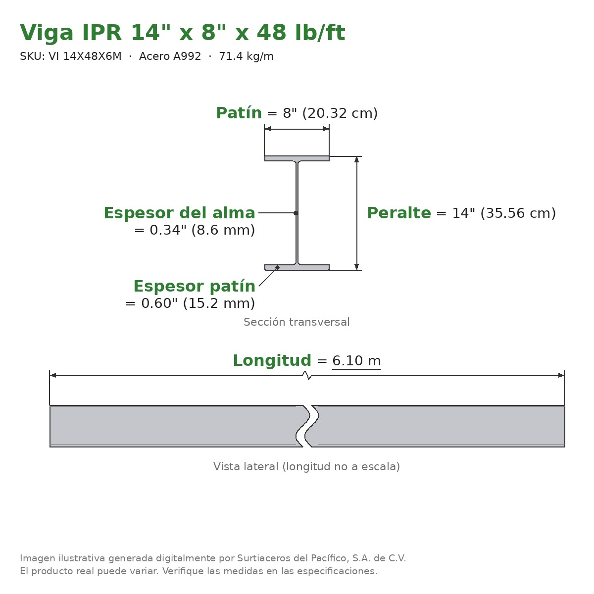 Viga IPR 14" x 8" x 48 lb/ft (71.4 kg/m) x 6.10 m - Acero A992 (patín 0.60", alma 0.34") - sección transversal