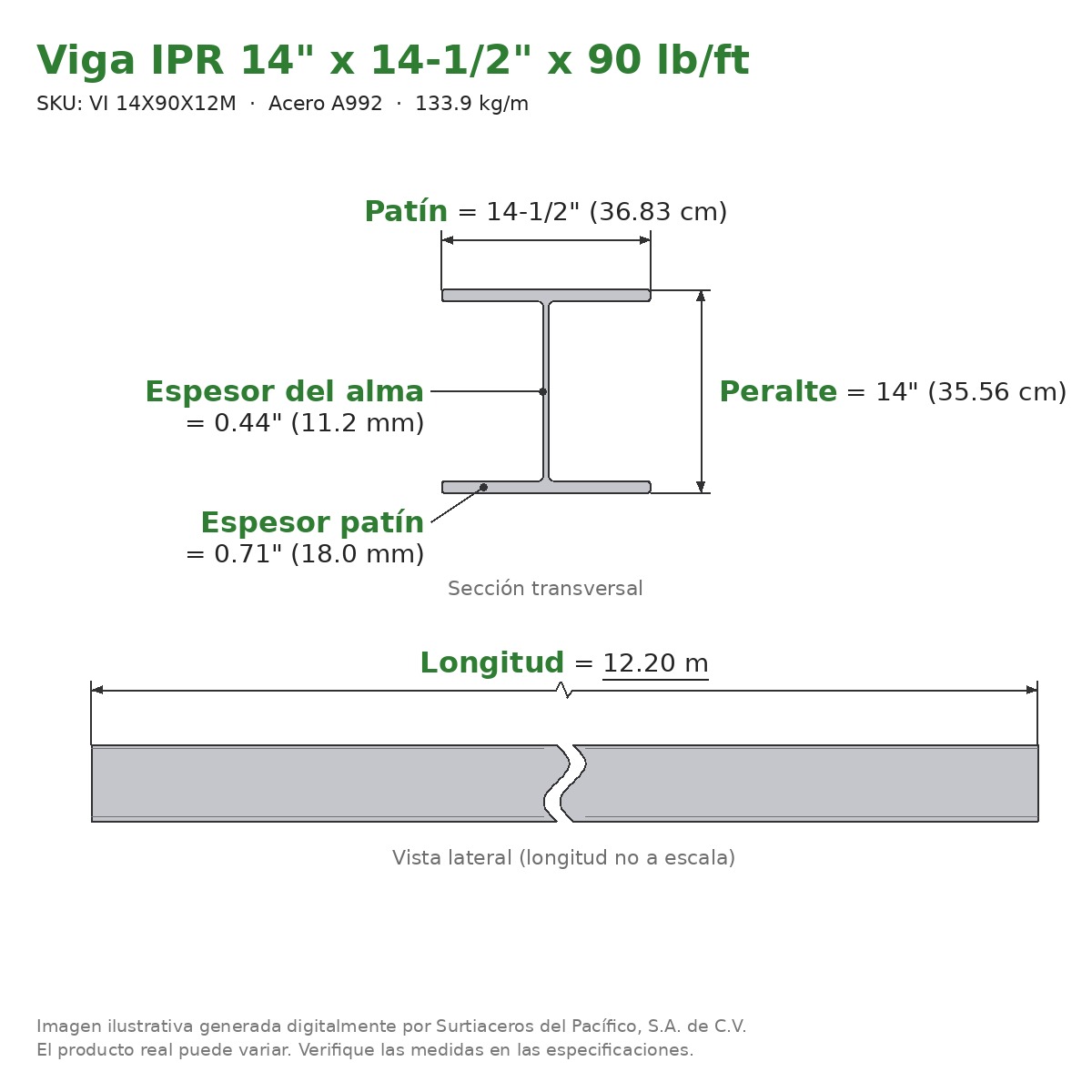 Viga IPR 14" x 14-1/2" x 90 lb/ft (133.9 kg/m) x 12.20 m - Acero A992 (patín 0.71", alma 0.44") - sección transversal