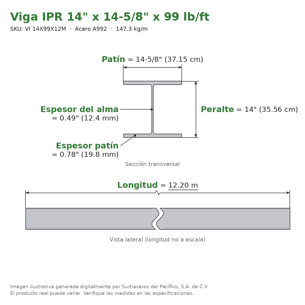 Viga IPR 14" x 14-5/8" x 99 lb/ft (147.3 kg/m) x 12.20 m - Acero A992 (patín 0.78", alma 0.49") - sección transversal