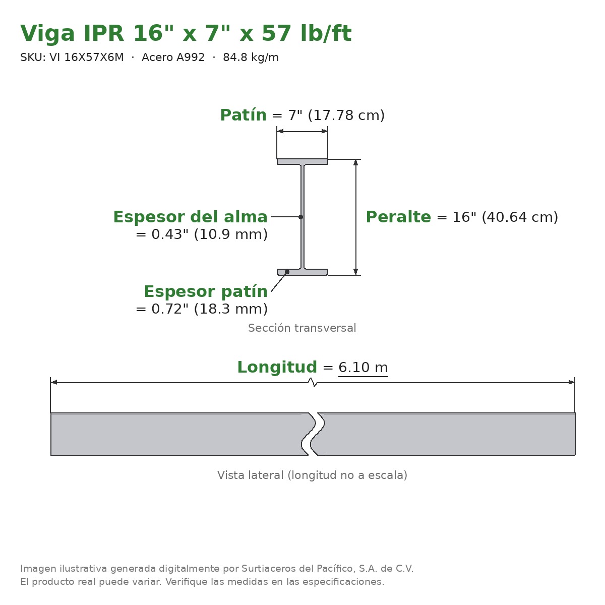 Viga IPR 16" x 7" x 57 lb/ft (84.8 kg/m) x 6.10 m - Acero A992 (patín 0.72", alma 0.43") - sección transversal