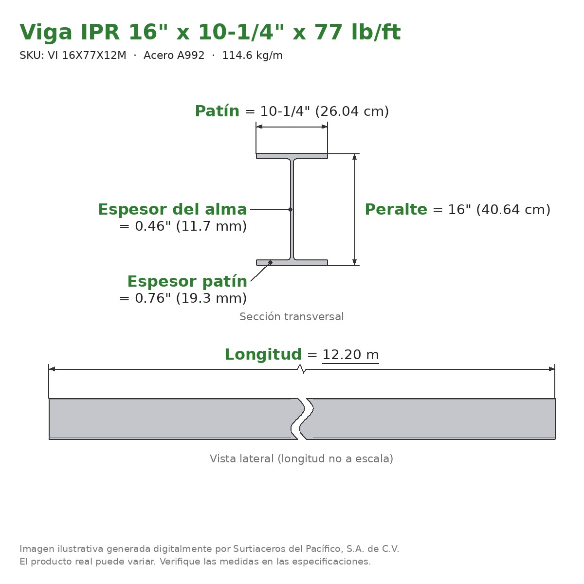Viga IPR 16" x 10-1/4" x 77 lb/ft (114.6 kg/m) x 12.20 m - Acero A992 (patín 0.76", alma 0.46") - sección transversal