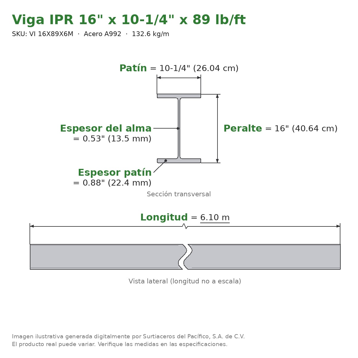 Viga IPR 16" x 10-1/4" x 89 lb/ft (132.6 kg/m) x 6.10 m - Acero A992 (patín 0.88", alma 0.53") - sección transversal