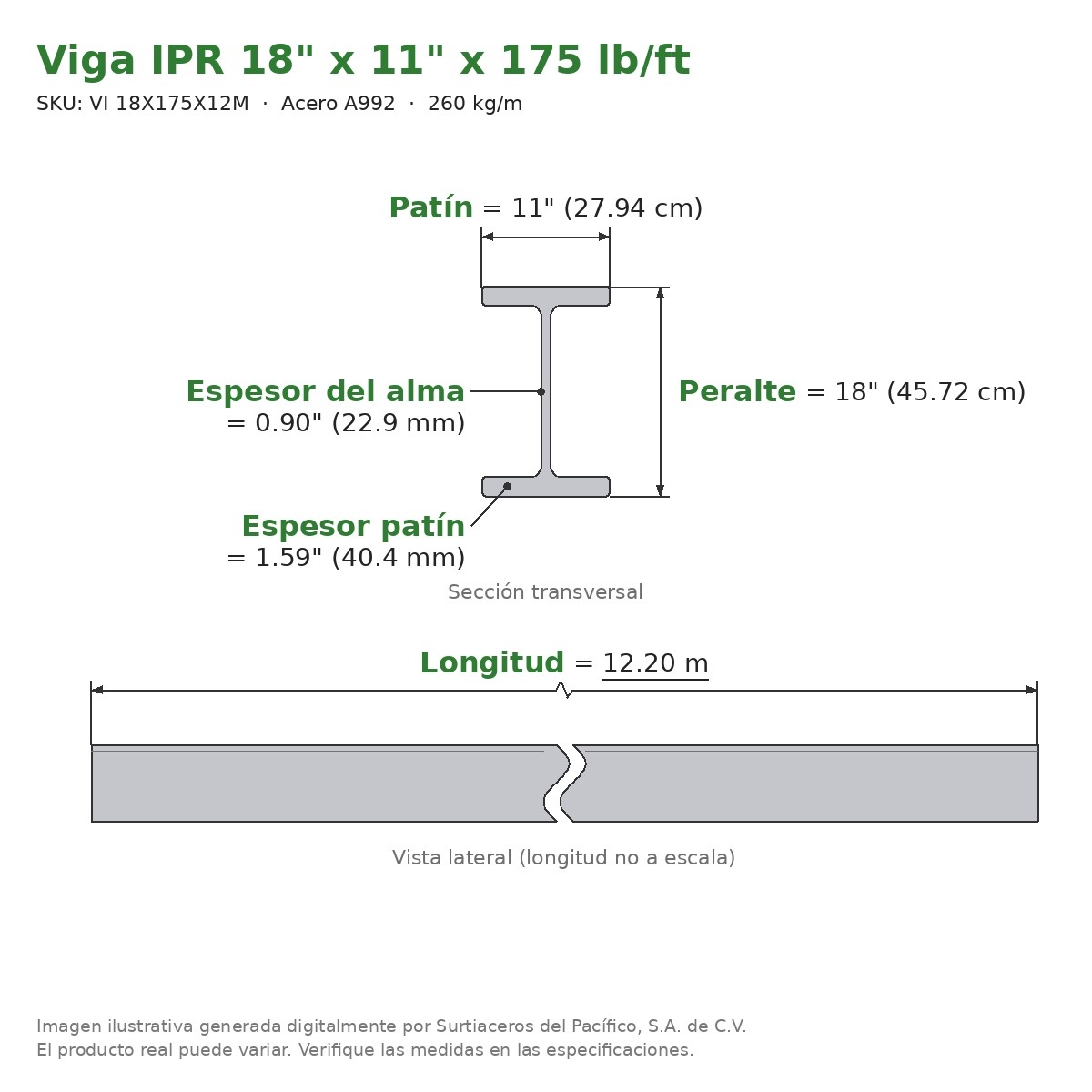 Viga IPR 18" x 11" x 175 lb/ft (260 kg/m) x 12.20 m - Acero A992 (patín 1.59", alma 0.90") - sección transversal