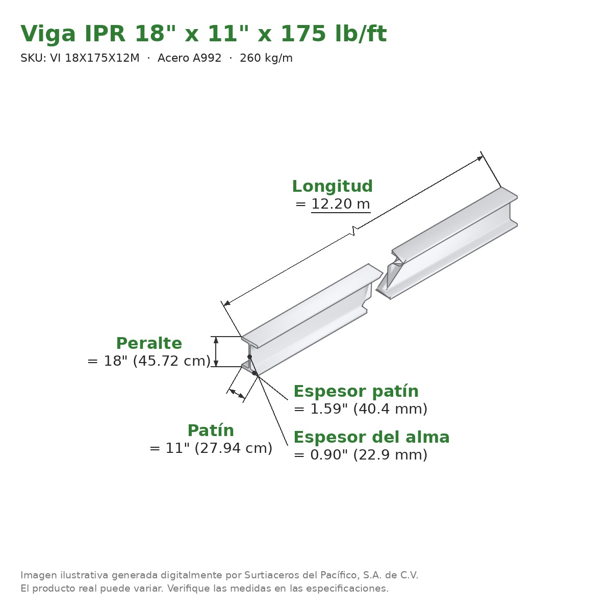 Viga IPR 18" x 11" x 175 lb/ft (260 kg/m) x 12.20 m - Acero A992 (patín 1.59", alma 0.90") - medidas