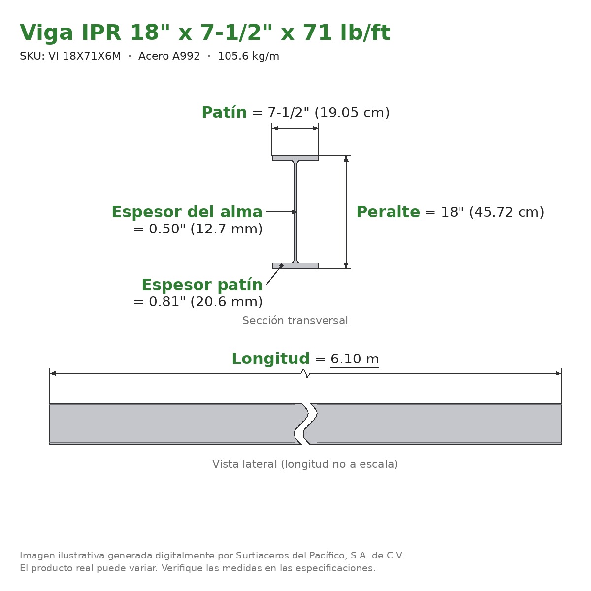 Viga IPR 18" x 7-1/2" x 71 lb/ft (105.6 kg/m) x 6.10 m - Acero A992 (patín 0.81", alma 0.50") - sección transversal