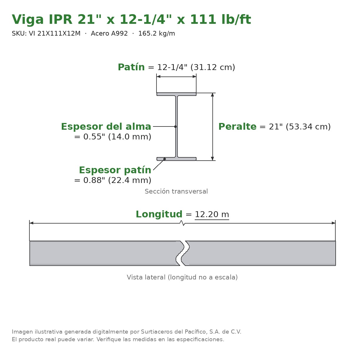 Viga IPR 21" x 12-1/4" x 111 lb/ft (165.2 kg/m) x 12.20 m - Acero A992 (patín 0.88", alma 0.55") - sección transversal
