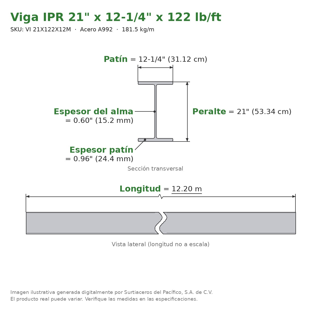 Viga IPR 21" x 12-1/4" x 122 lb/ft (181.5 kg/m) x 12.20 m - Acero A992 (patín 0.96", alma 0.60") - sección transversal