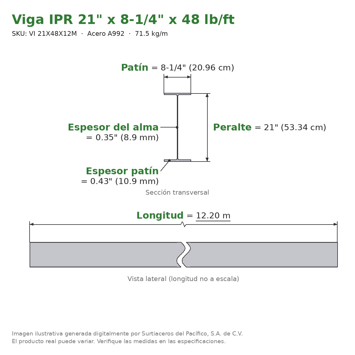 Viga IPR 21" x 8-1/4" x 48 lb/ft (71.5 kg/m) x 12.20 m - Acero A992 (patín 0.43", alma 0.35") - sección transversal