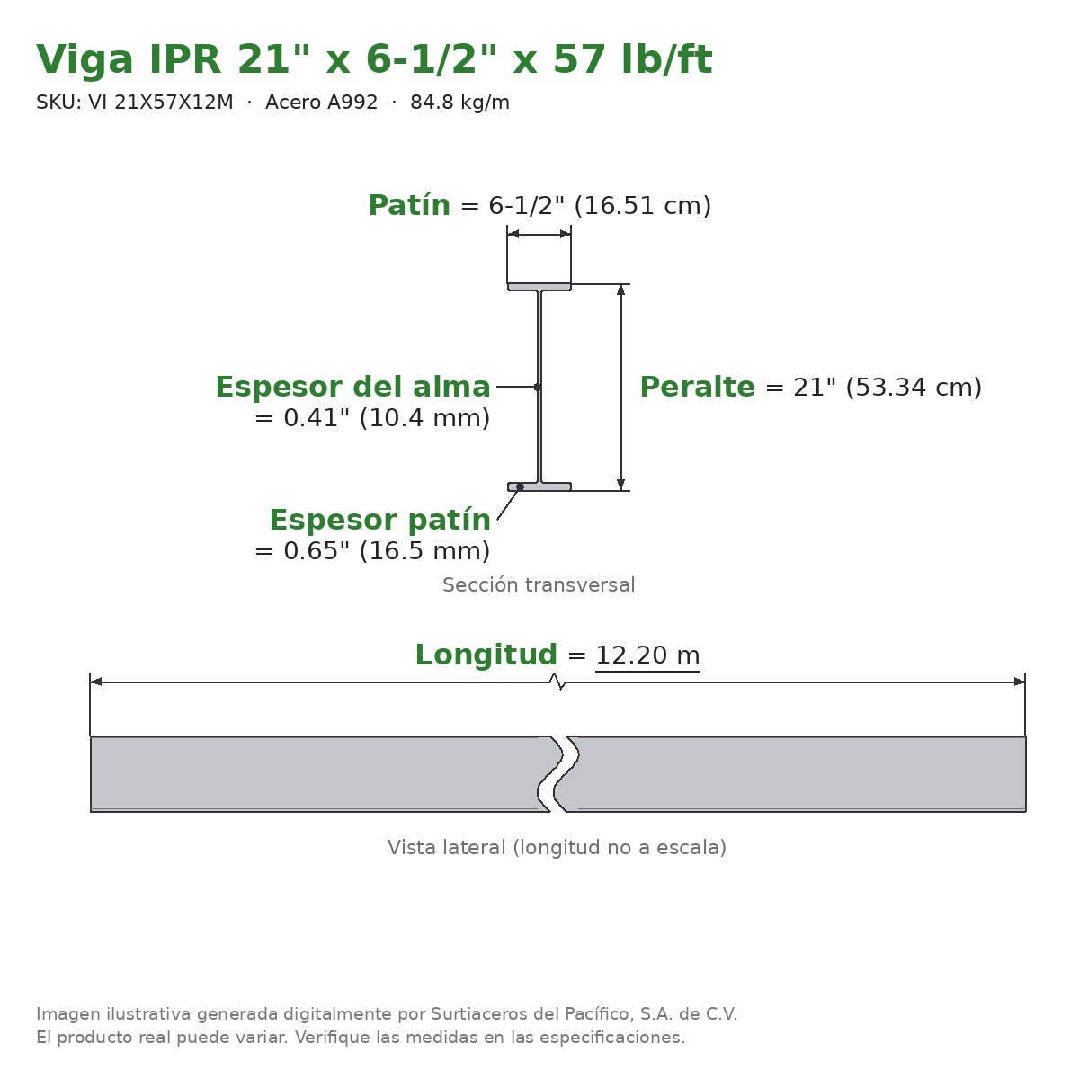 Viga IPR 21" x 6-1/2" x 57 lb/ft (84.8 kg/m) x 12.20 m - Acero A992 (patín 0.65", alma 0.41") - sección transversal