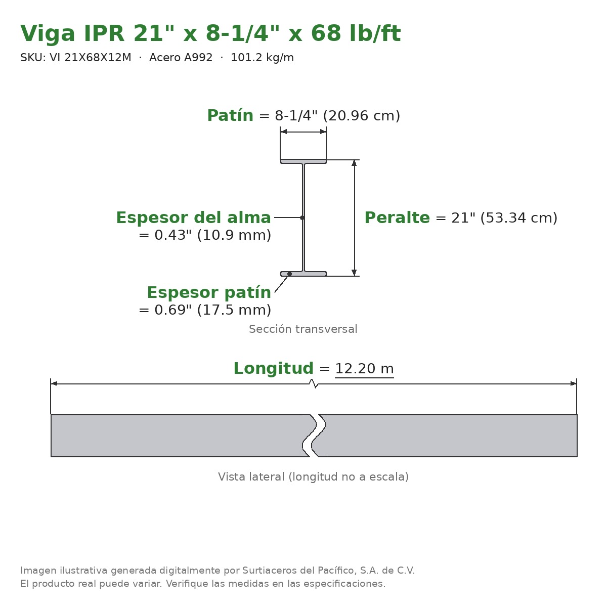 Viga IPR 21" x 8-1/4" x 68 lb/ft (101.2 kg/m) x 12.20 m - Acero A992 (patín 0.69", alma 0.43") - sección transversal