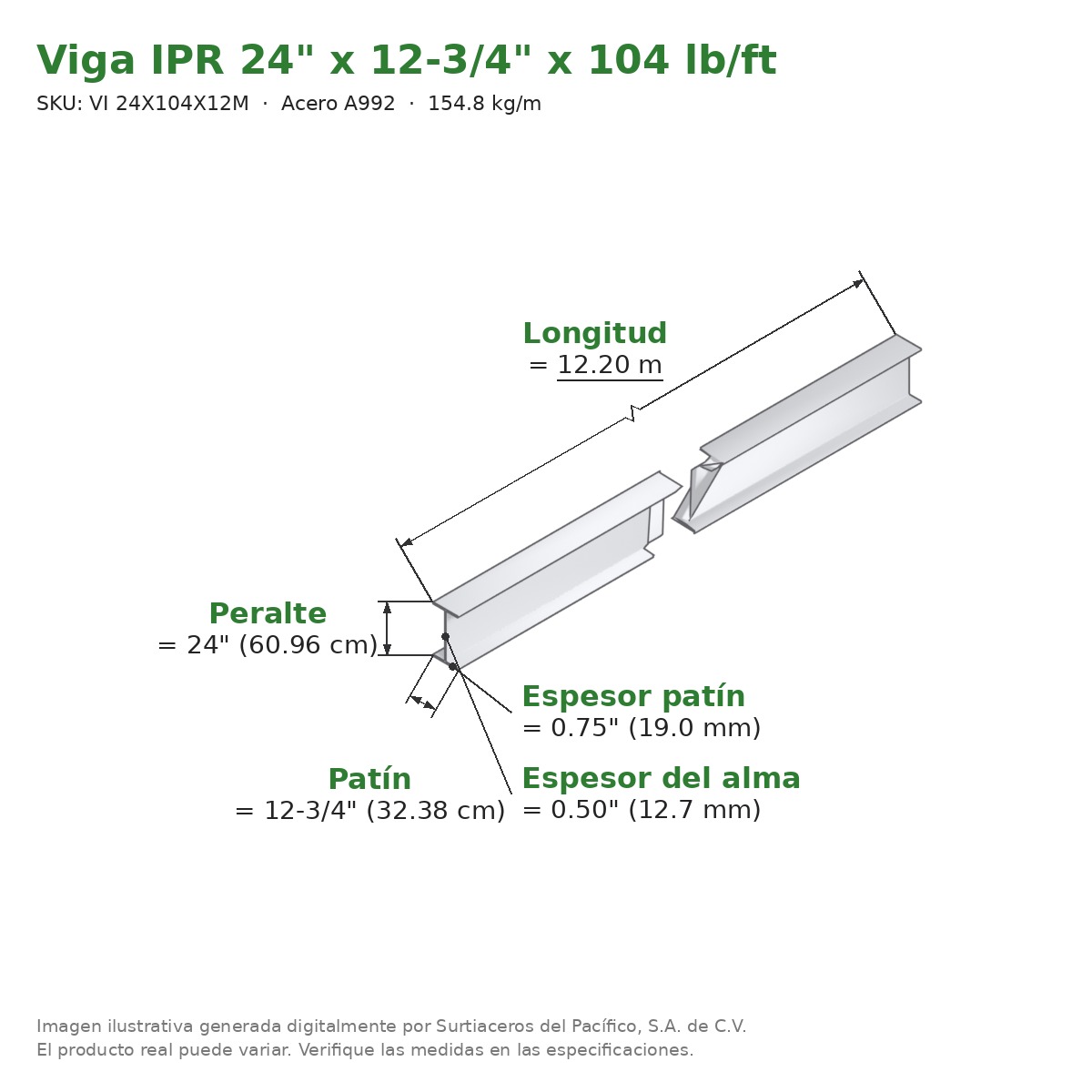 Viga IPR 24" x 12-3/4" x 104 lb/ft (154.8 kg/m) x 12.20 m - Acero A992 (patín 0.75", alma 0.50") - medidas