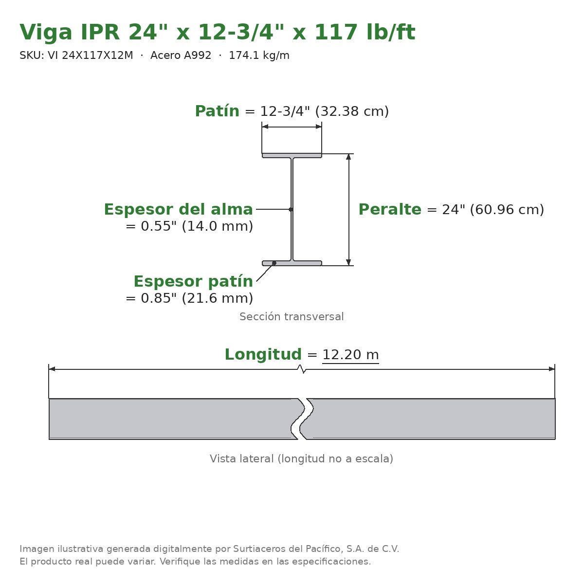 Viga IPR 24" x 12-3/4" x 117 lb/ft (174.1 kg/m) x 12.20 m - Acero A992 (patín 0.85", alma 0.55") - sección transversal