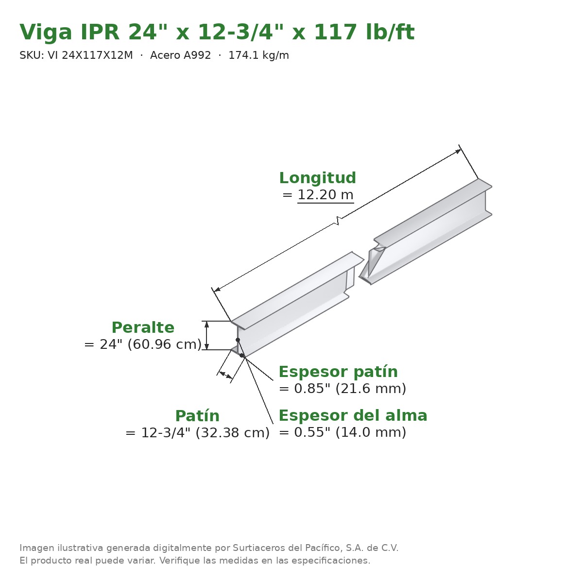 Viga IPR 24" x 12-3/4" x 117 lb/ft (174.1 kg/m) x 12.20 m - Acero A992 (patín 0.85", alma 0.55") - medidas