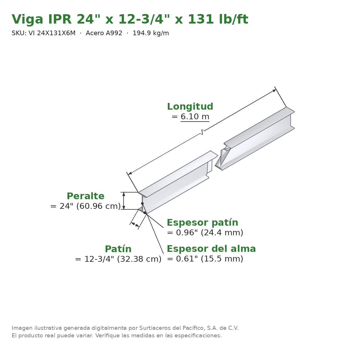 Viga IPR 24" x 12-3/4" x 131 lb/ft (194.9 kg/m) x 6.10 m - Acero A992 (patín 0.96", alma 0.61") - medidas