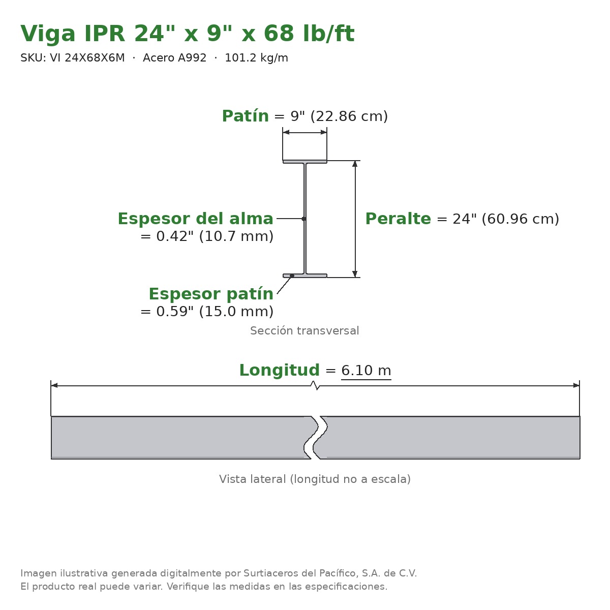 Viga IPR 24" x 9" x 68 lb/ft (101.2 kg/m) x 6.10 m - Acero A992 (patín 0.59", alma 0.42") - sección transversal