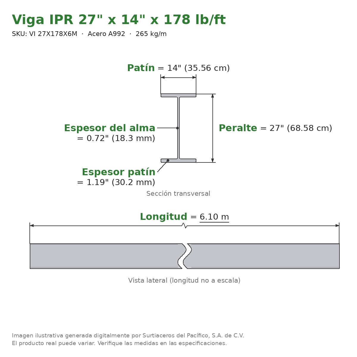 Viga IPR 27" x 14" x 178 lb/ft (265 kg/m) x 6.10 m - Acero A992 (patín 1.19", alma 0.72") - sección transversal
