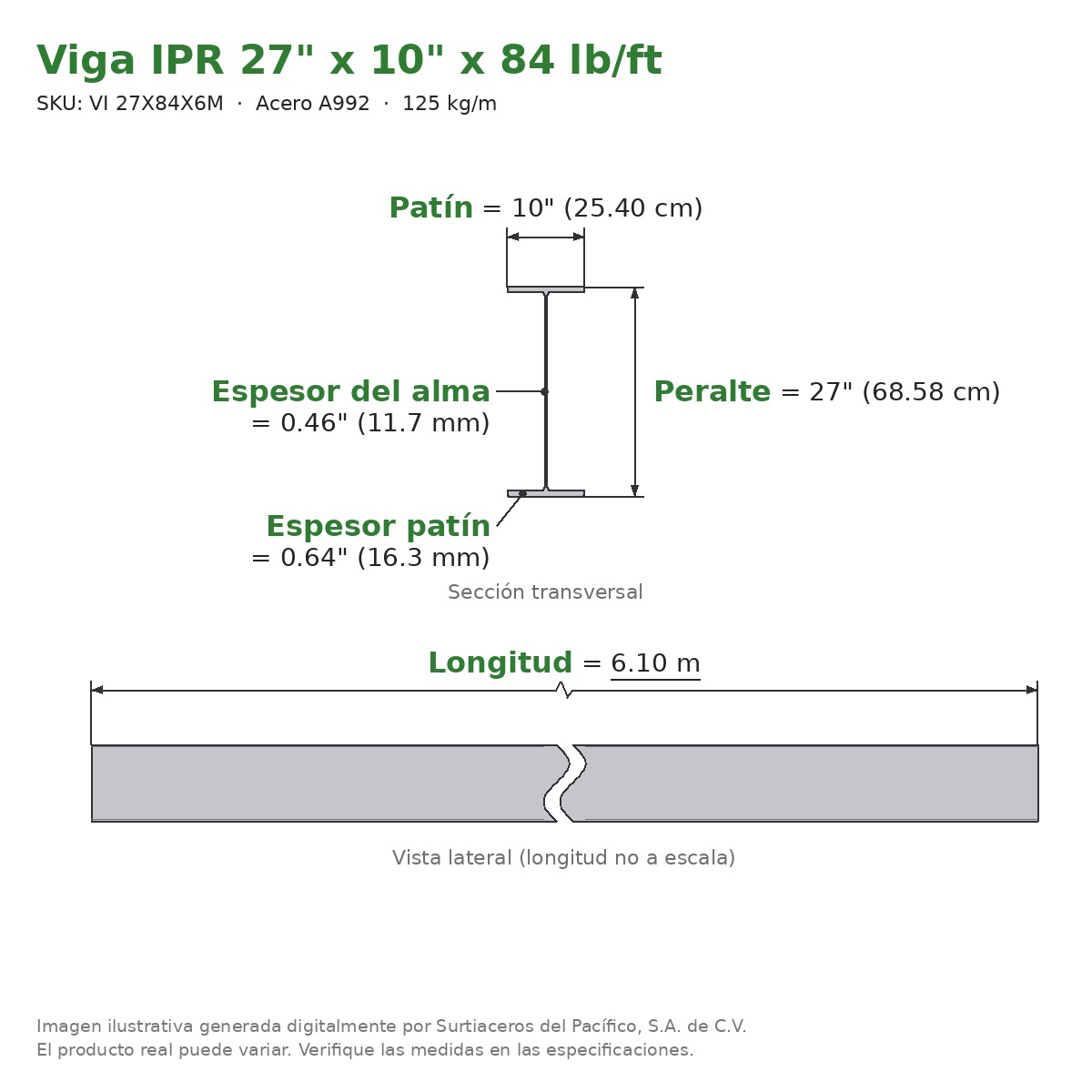 Viga IPR 27" x 10" x 84 lb/ft (125 kg/m) x 6.10 m - Acero A992 (patín 0.64", alma 0.46") - sección transversal
