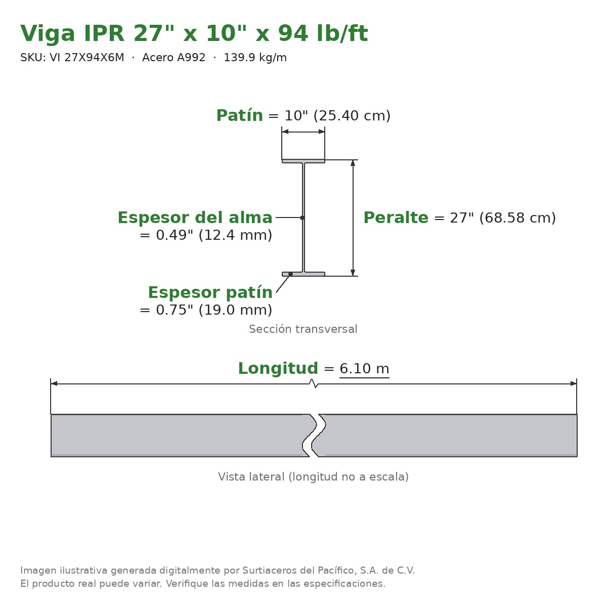 Viga IPR 27" x 10" x 94 lb/ft (139.9 kg/m) x 6.10 m - Acero A992 (patín 0.75", alma 0.49") - sección transversal