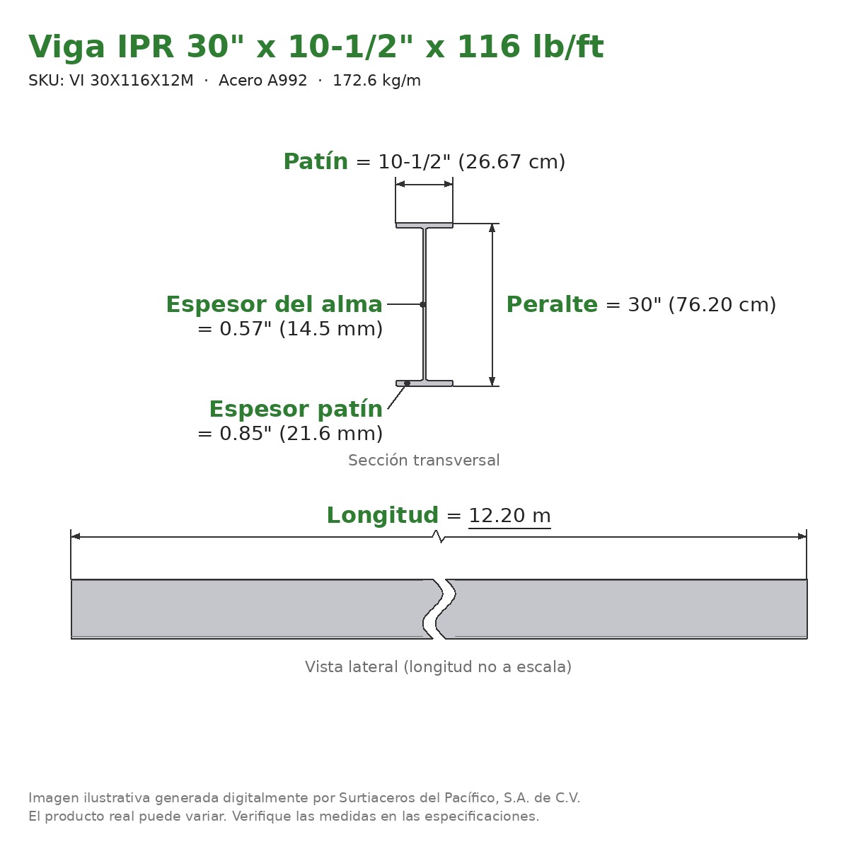 Viga IPR 30" x 10-1/2" x 116 lb/ft (172.6 kg/m) x 12.20 m - Acero A992 (patín 0.85", alma 0.57") - sección transversal