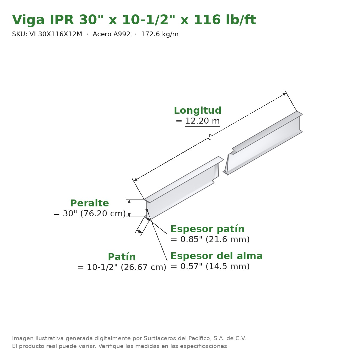 Viga IPR 30" x 10-1/2" x 116 lb/ft (172.6 kg/m) x 12.20 m - Acero A992 (patín 0.85", alma 0.57") - medidas