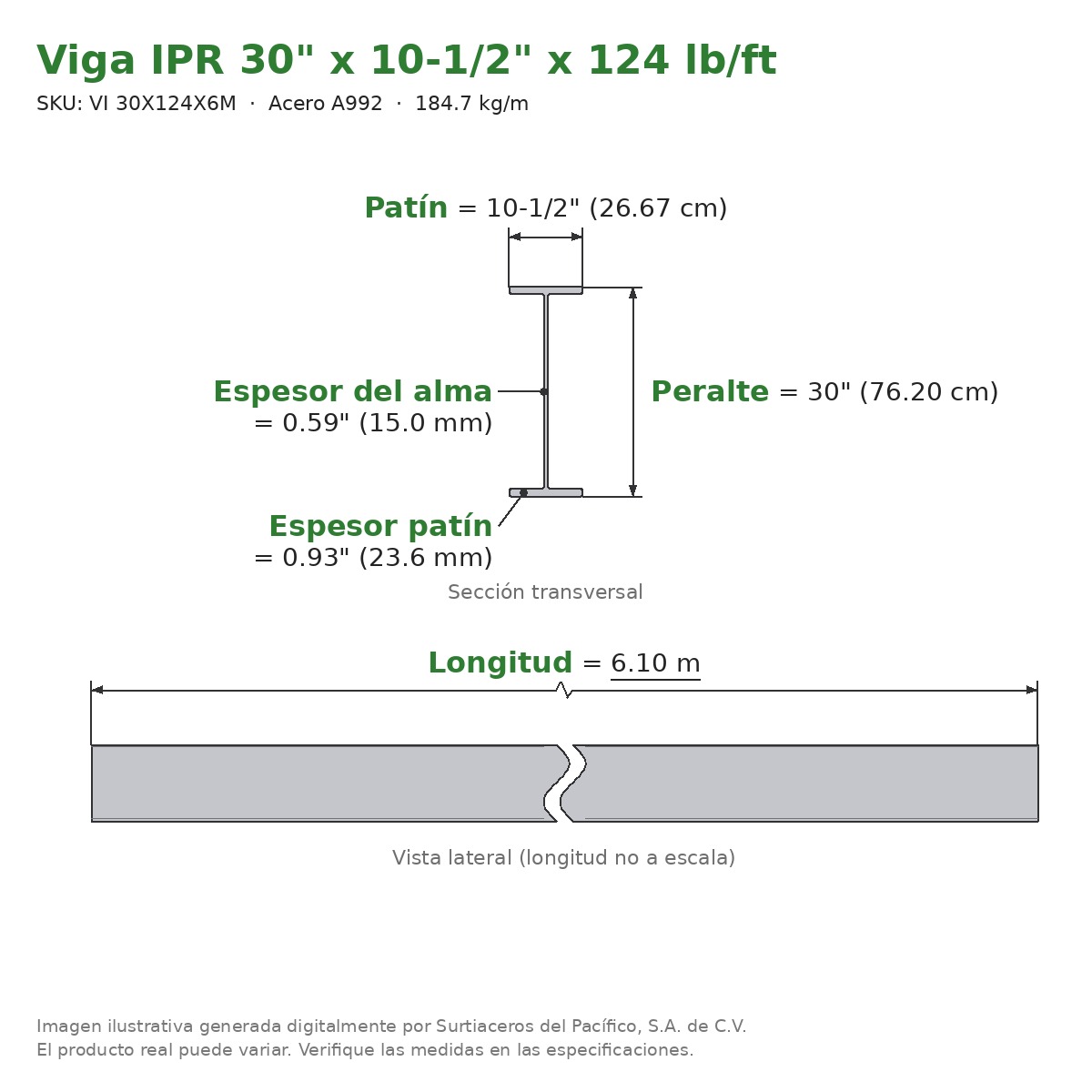 Viga IPR 30" x 10-1/2" x 124 lb/ft (184.7 kg/m) x 6.10 m - Acero A992 (patín 0.93", alma 0.59") - sección transversal