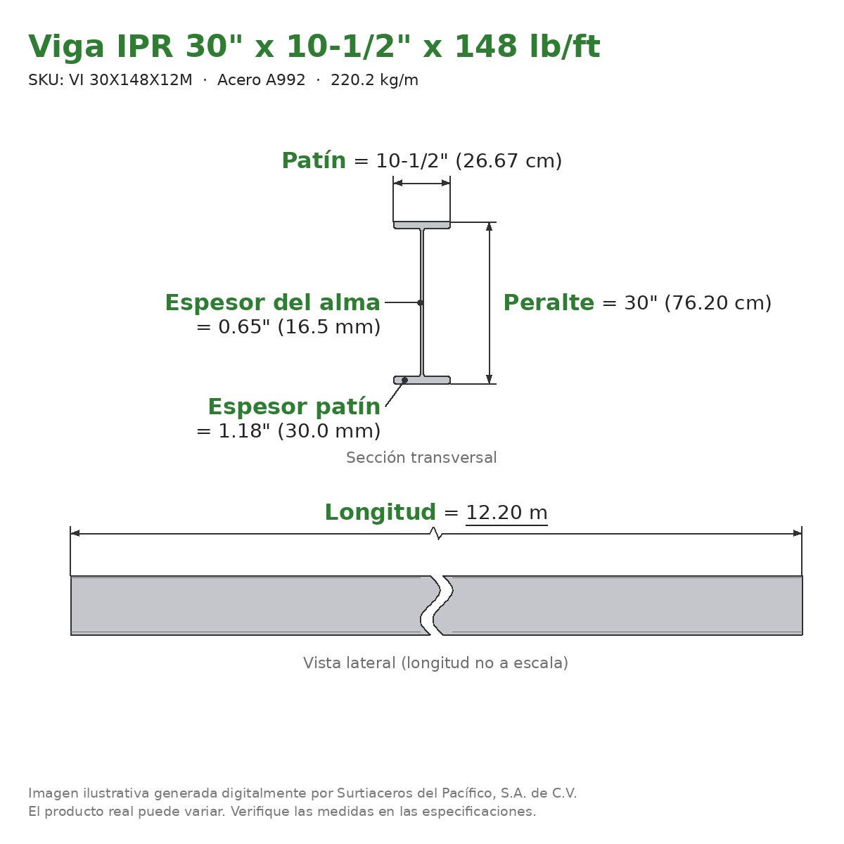 Viga IPR 30" x 10-1/2" x 148 lb/ft (220.2 kg/m) x 12.20 m - Acero A992 (patín 1.18", alma 0.65") - sección transversal