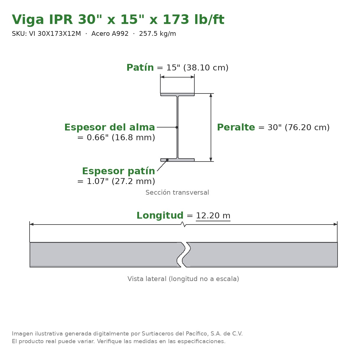 Viga IPR 30" x 15" x 173 lb/ft (257.5 kg/m) x 12.20 m - Acero A992 (patín 1.07", alma 0.66") - sección transversal
