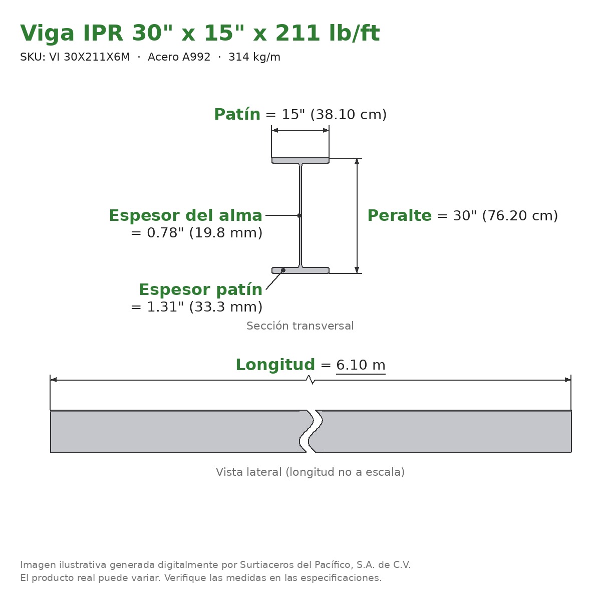 Viga IPR 30" x 15" x 211 lb/ft (314 kg/m) x 6.10 m - Acero A992 (patín 1.31", alma 0.78") - sección transversal