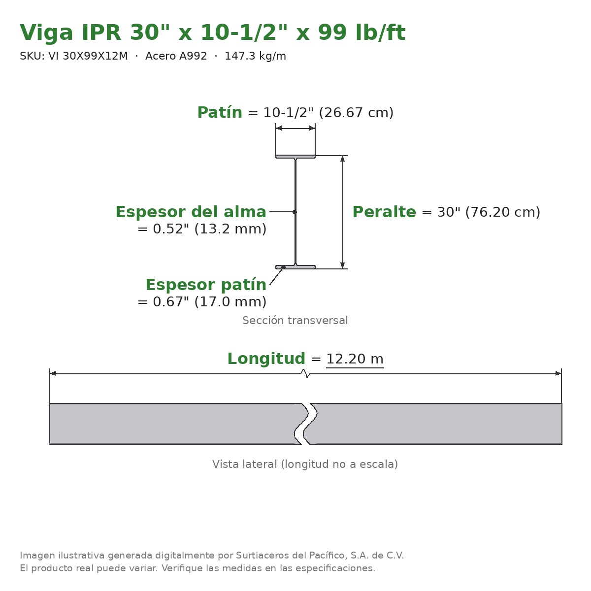 Viga IPR 30" x 10-1/2" x 99 lb/ft (147.3 kg/m) x 12.20 m - Acero A992 (patín 0.67", alma 0.52") - sección transversal