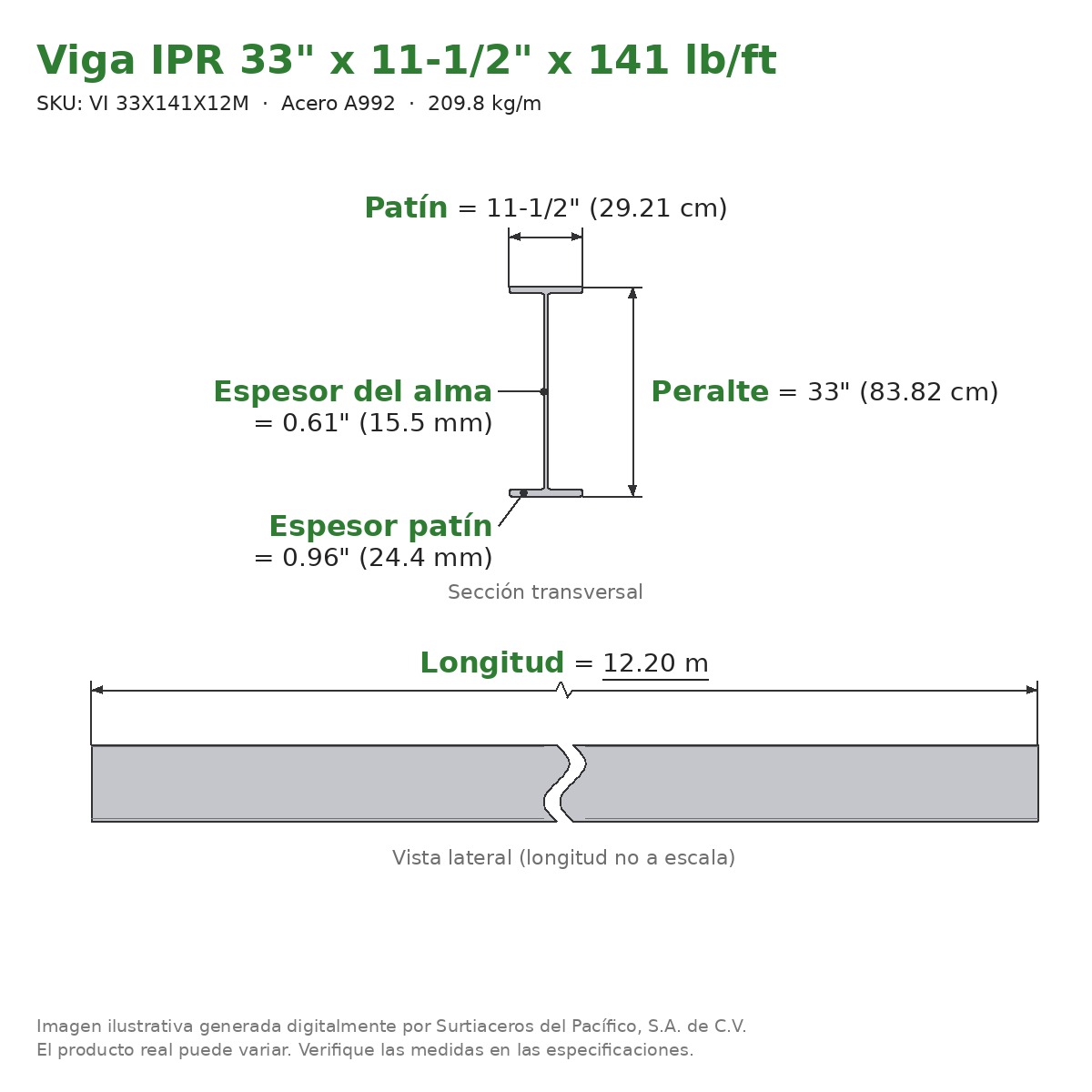 Viga IPR 33" x 11-1/2" x 141 lb/ft (209.8 kg/m) x 12.20 m - Acero A992 (patín 0.96", alma 0.61") - sección transversal
