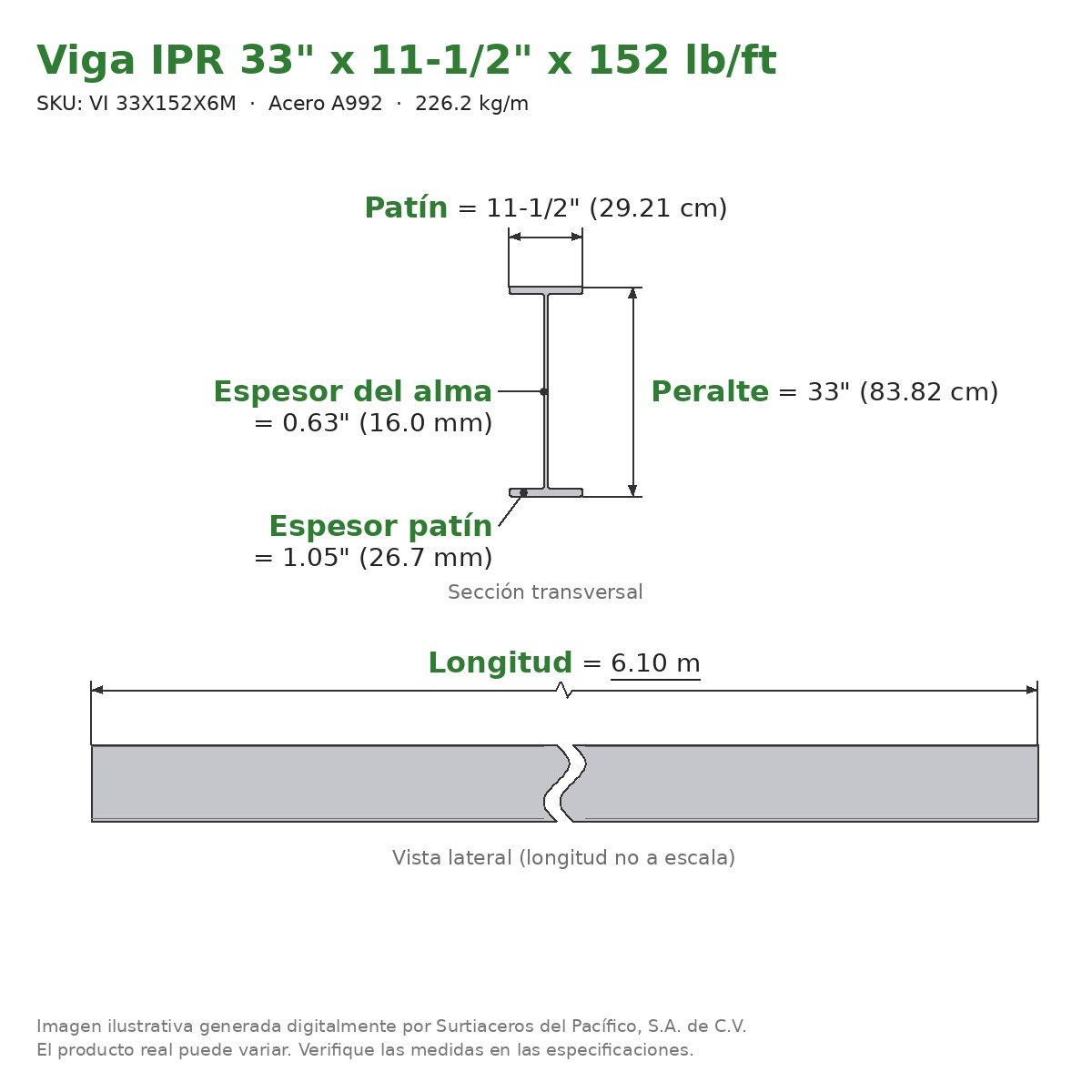 Viga IPR 33" x 11-1/2" x 152 lb/ft (226.2 kg/m) x 6.10 m - Acero A992 (patín 1.05", alma 0.63") - sección transversal