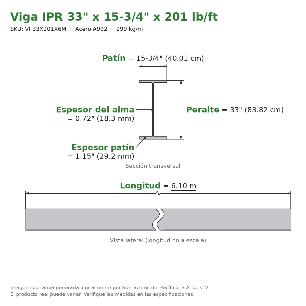 Viga IPR 33" x 15-3/4" x 201 lb/ft (299 kg/m) x 6.10 m - Acero A992 (patín 1.15", alma 0.72") - sección transversal